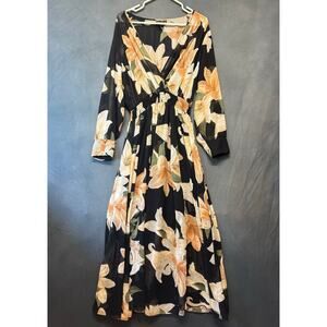 Alexa B Nites 16W Black Floral Maxi Dress Semi-Sheer Long Sleeve Evening Elegant